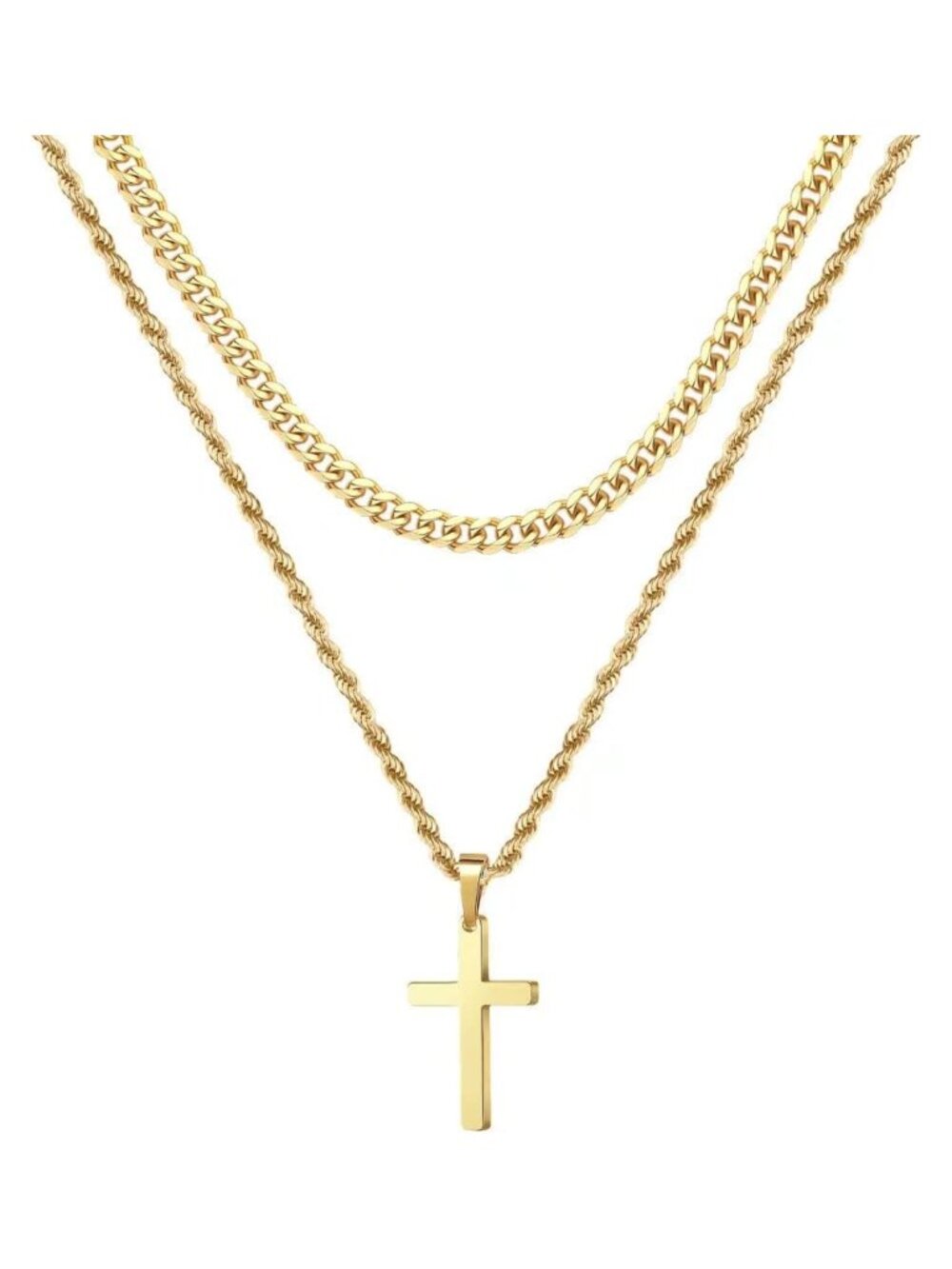 18K Gold Plated Layered Cross Necklace Stainless Steel Mens Rope Chain